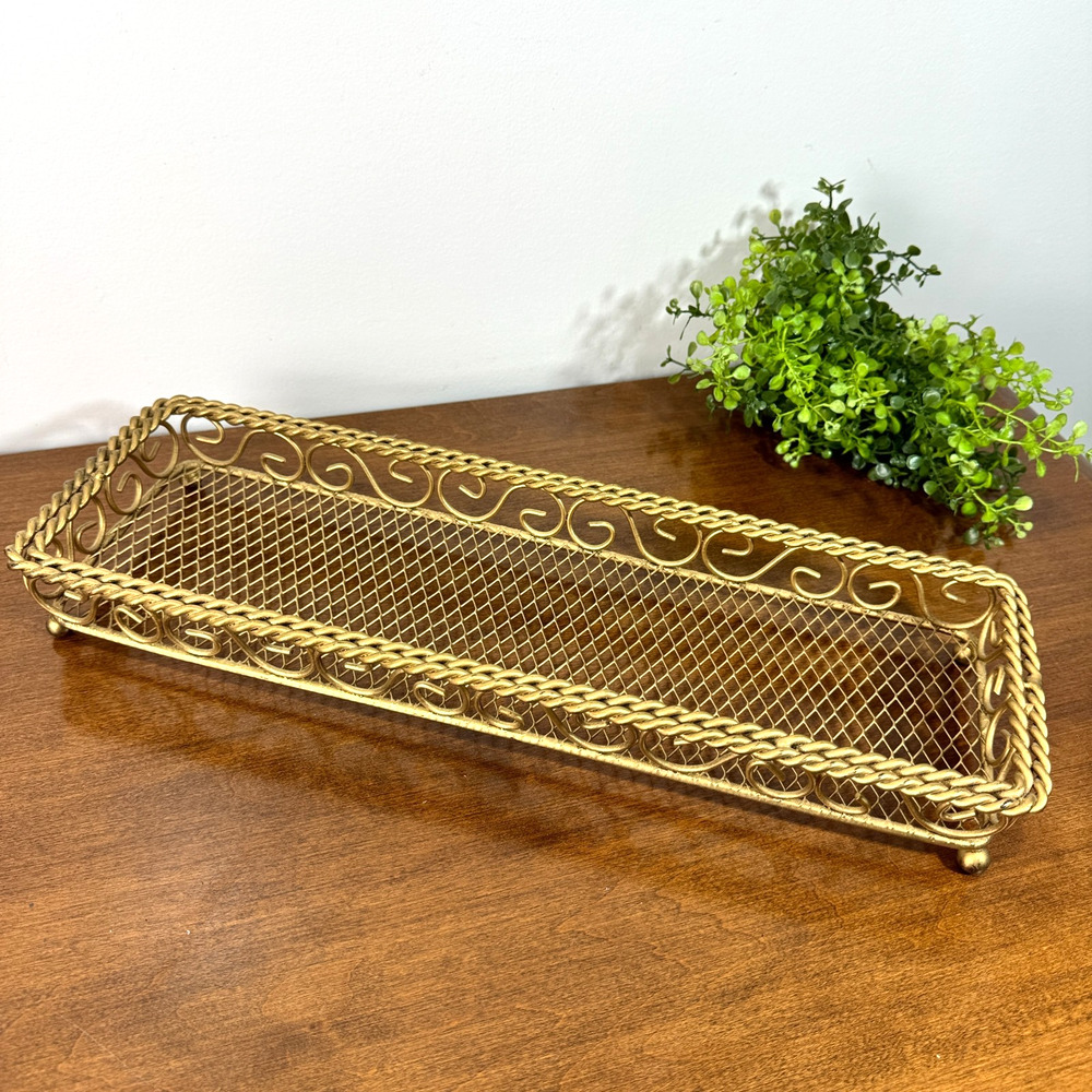 Vintage Gold Tone Metal Filigree Footed Vanity Dresser Tray Rope Scrollwork